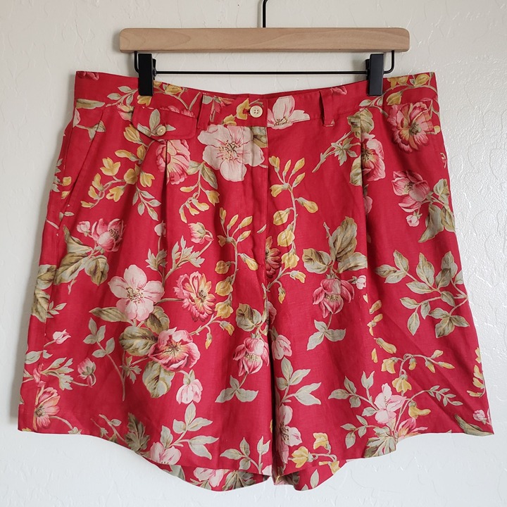 Ralph Lauren 100% Linen High-Rise Floral Shorts Red Women's 16 Tropical Hawaiian