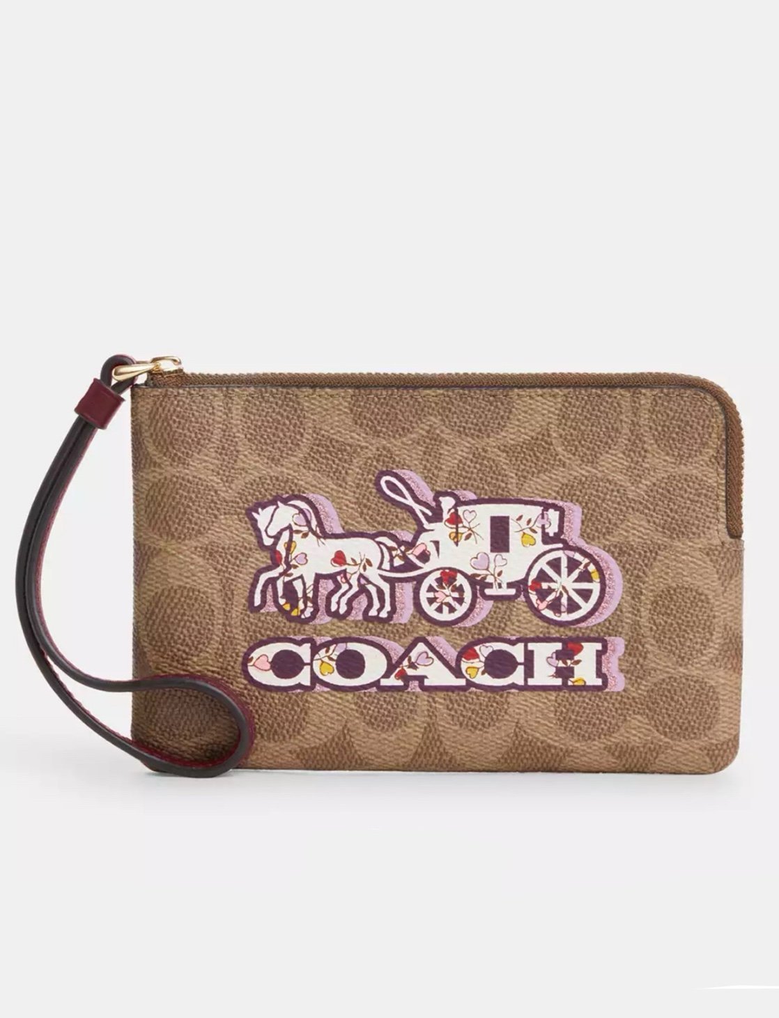 Coach Corner Zip Wristlet in Signature Canvas with Horse & Carriage Graphic NWT