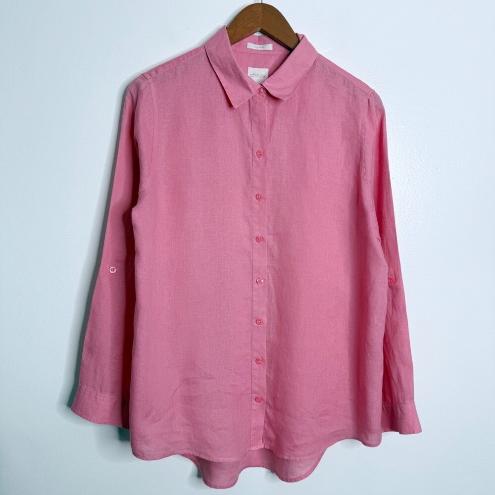 NWOT Chico's Linen Non-Iron Collared Pull Tab Sleeves Button Up Medium Chico 1