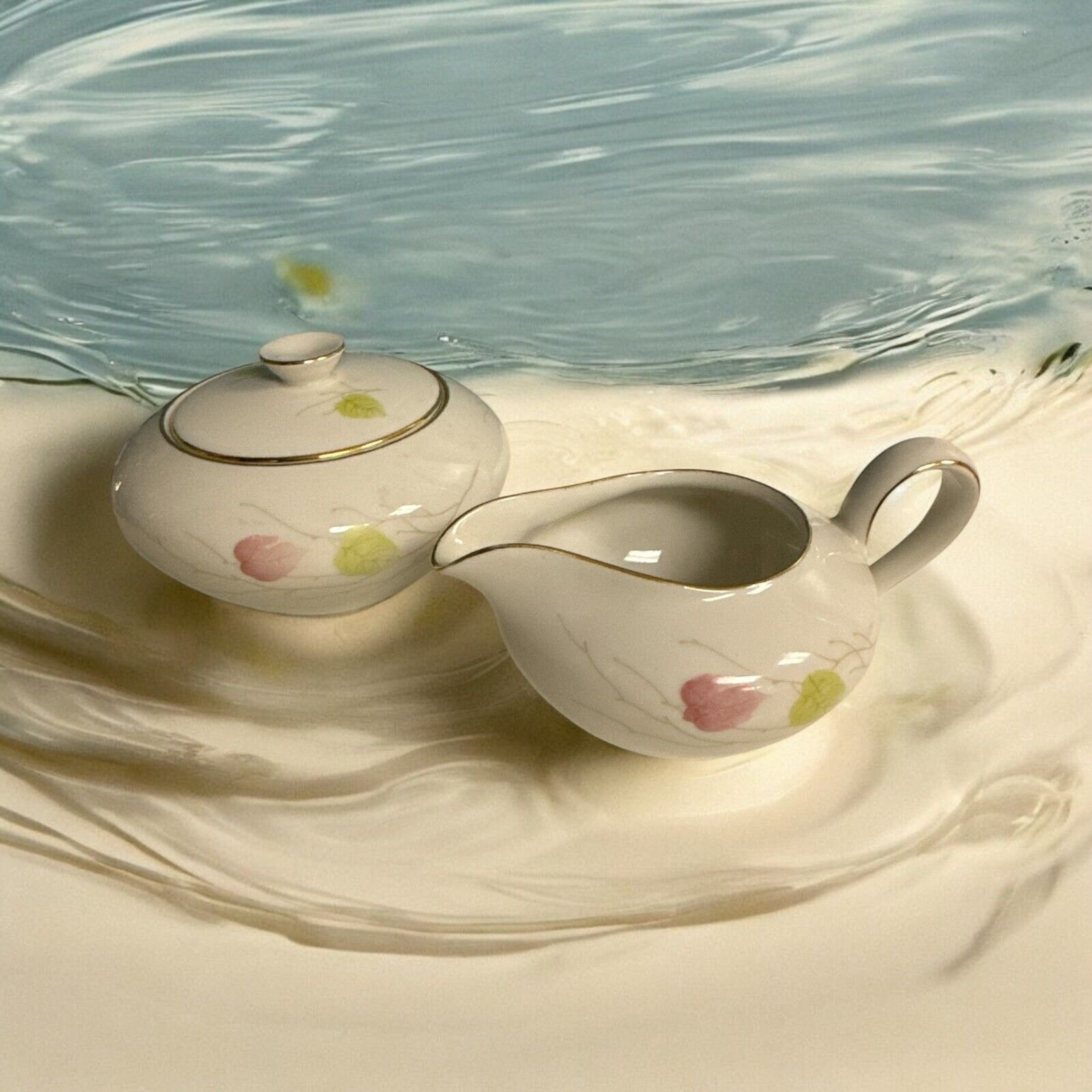 Antique KPM Krister Branch Leaf Porcelain Creamer & Sugar Bowl Germany Stamped