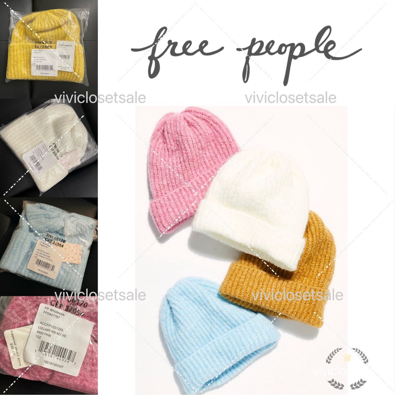 NWT✨BUNDLE OF 2✨FREE PEOPLE Lullaby Rib Beanie pink/white/blue/yellow