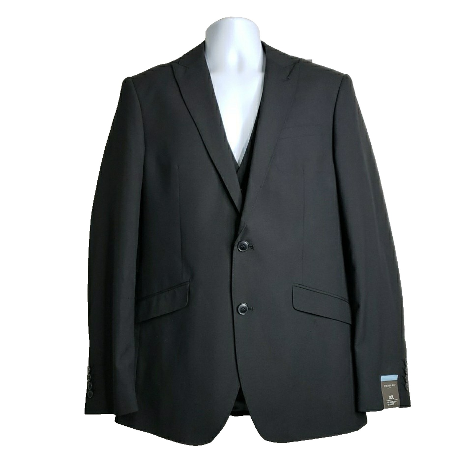 Men's Black Primark 3pc Suit Jacket Size 40 40L Pants 34 X 30 Vest White Shirt