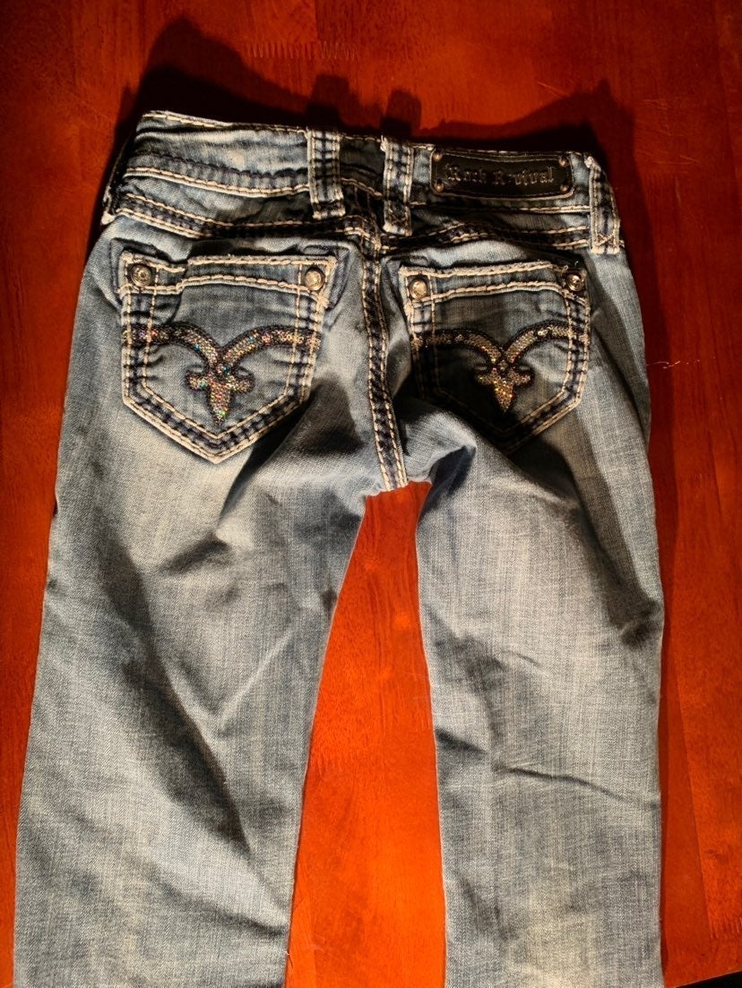 Rock Revival Jeans Denisa Med Wash Distressed Straight Leg Jeans 23 x 33
