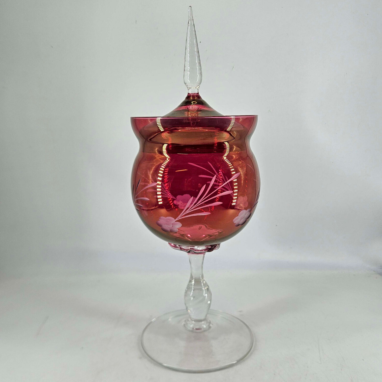 Vintage Cranberry Bohemian Glass etched iridescent Lidded Candy Dish
