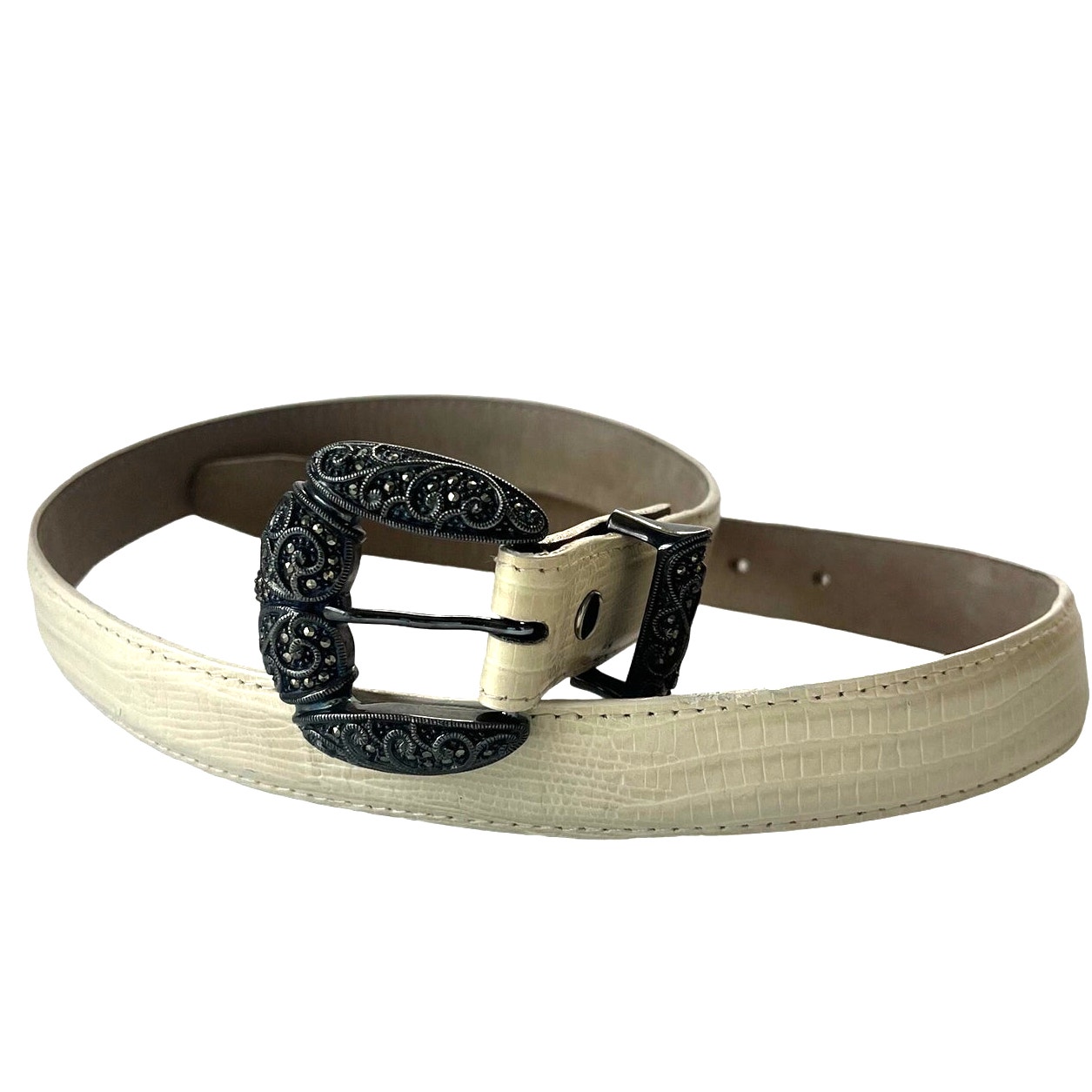Vtg JUDITH JACK Leather Belt Sterling Buckle Womens Sz M Cream Marcasite Glam
