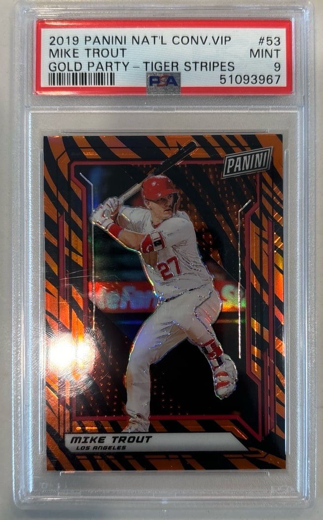 2019 Panini National Convention VIP Gold Party Tiger Stripes # 53 Mike Trout PSA