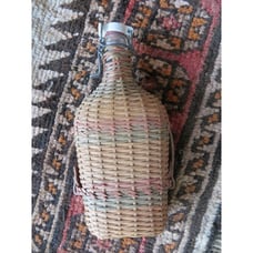 French Wicker Wrapped Glass Holy Water Bottle from Lourdes France