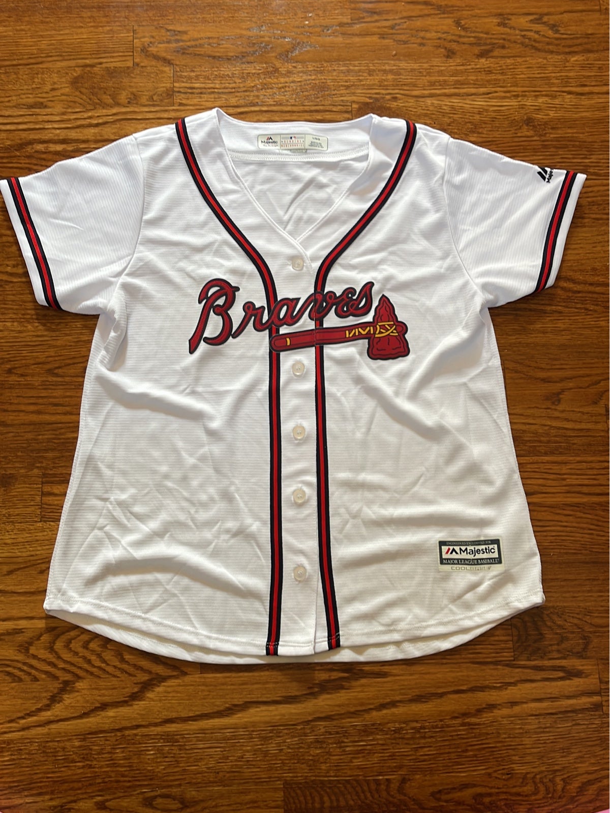 Womens Majestic CoolBase Atlanta Braves BASEBALL Jersey sz LARGE