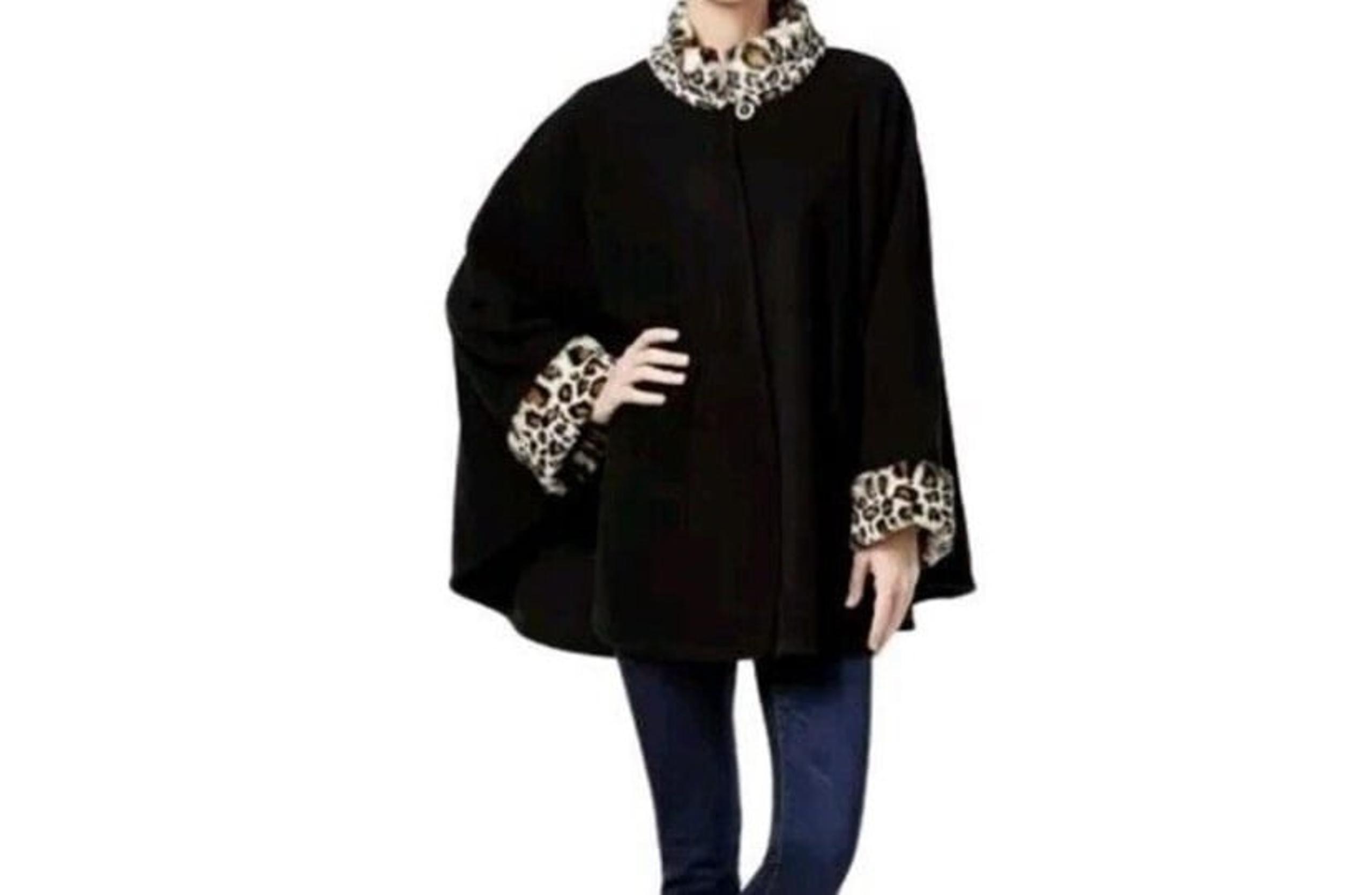 CEJON Black Fleece and Leopard-Print Faux Fur-Trim Cape Women's Size S/M