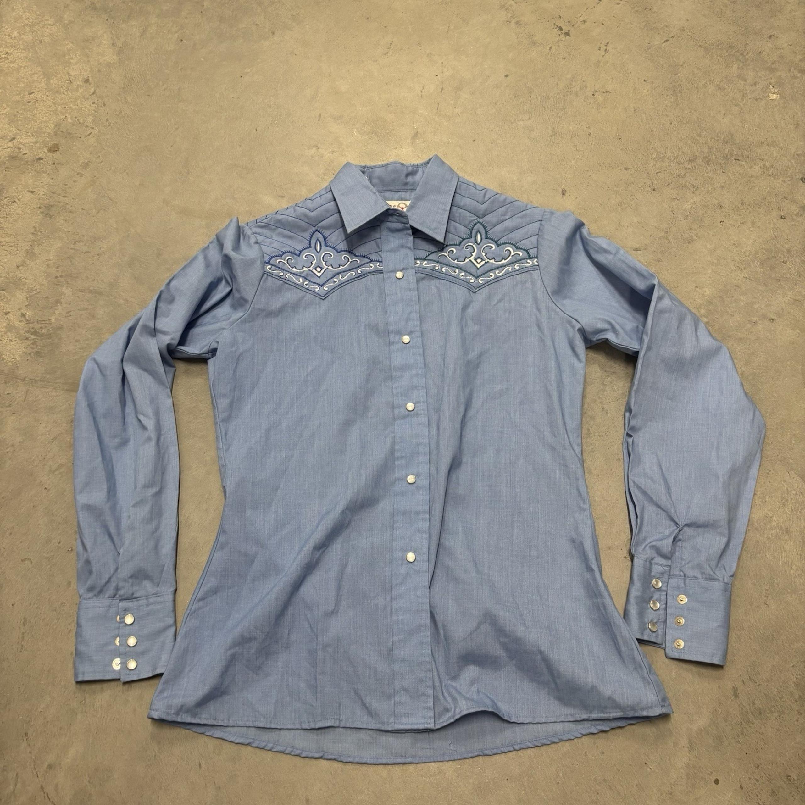 Vintage Sheplers Western Shirt Women's Sz 12 Light Blue Snap Button Long Sleeve