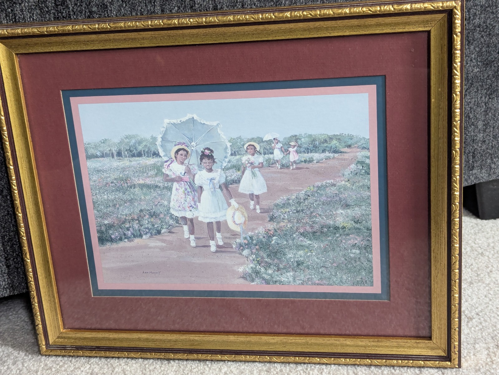 Vtg Ann Mount Print, African American Church Girls Wall Art, Gold Frame