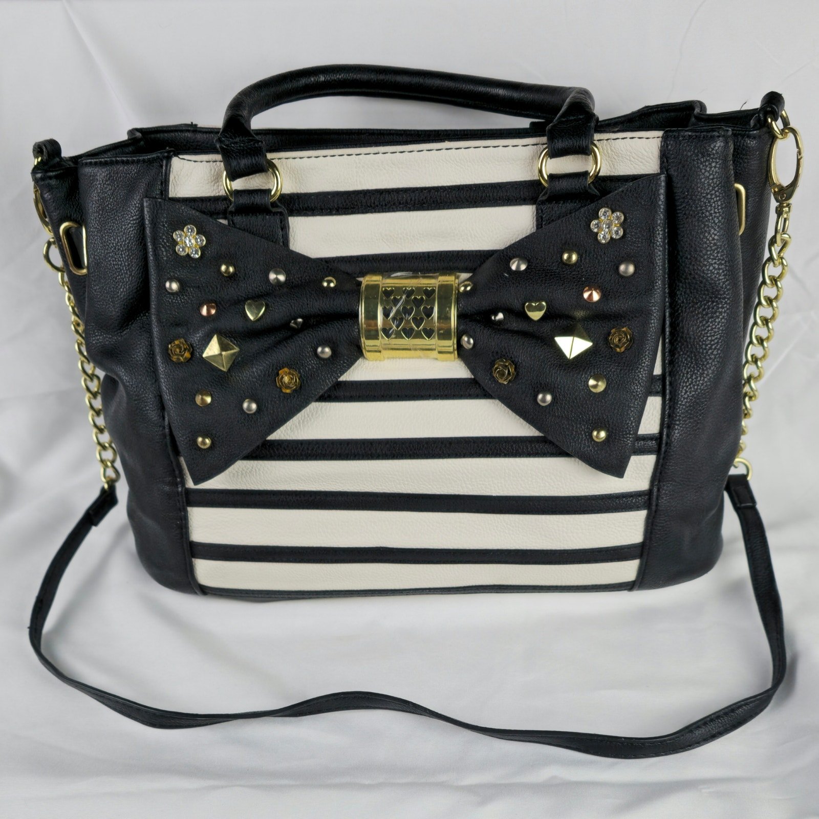 NWT Betsy Johnson Black and White Striped Leather Bag Black Studded Bow. The PIF