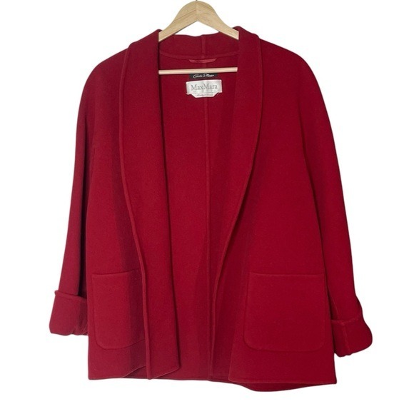 Max Mara 100% Wool Open Front Baggy Blazer Coat Red Size 8 Pockets Minimalist