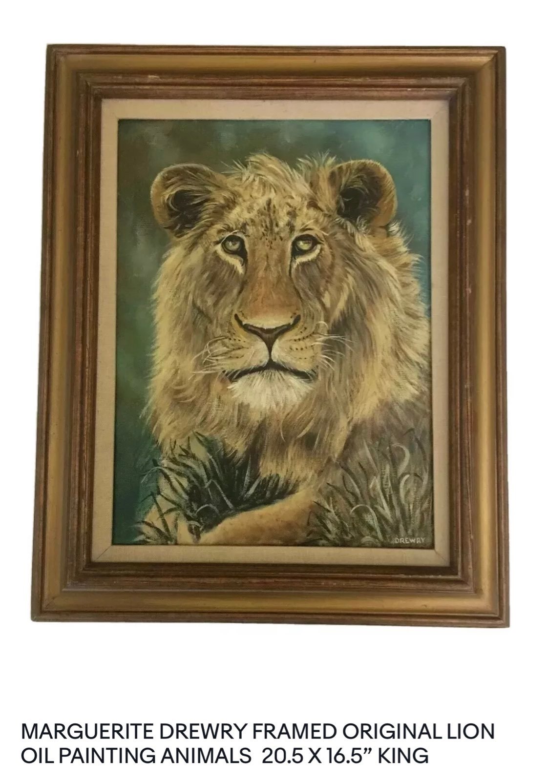 MARGUERITE DREWRY FRAMED ORIGINAL LION OIL PAINTING ANIMALS 20.5 X16.5 KING