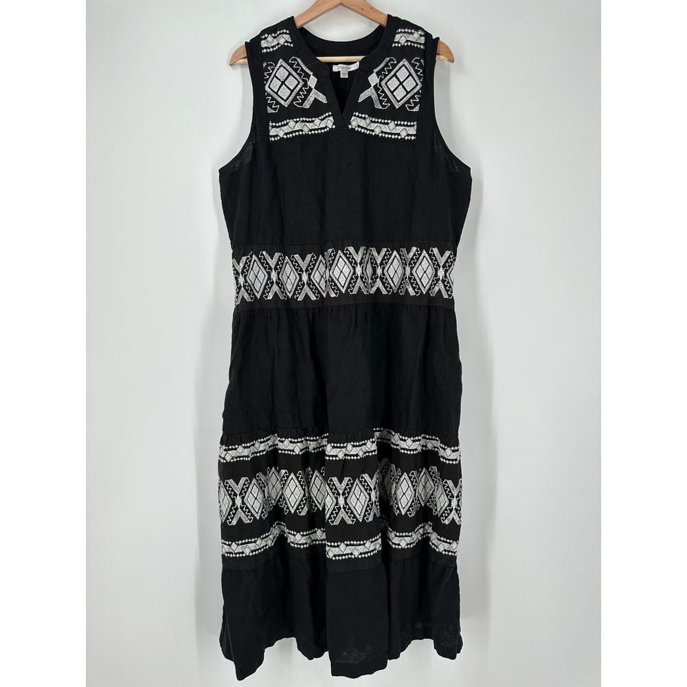 CHICO'S Dress Maxi Black & White Size 16 Tiered Embroidered Linen Boho