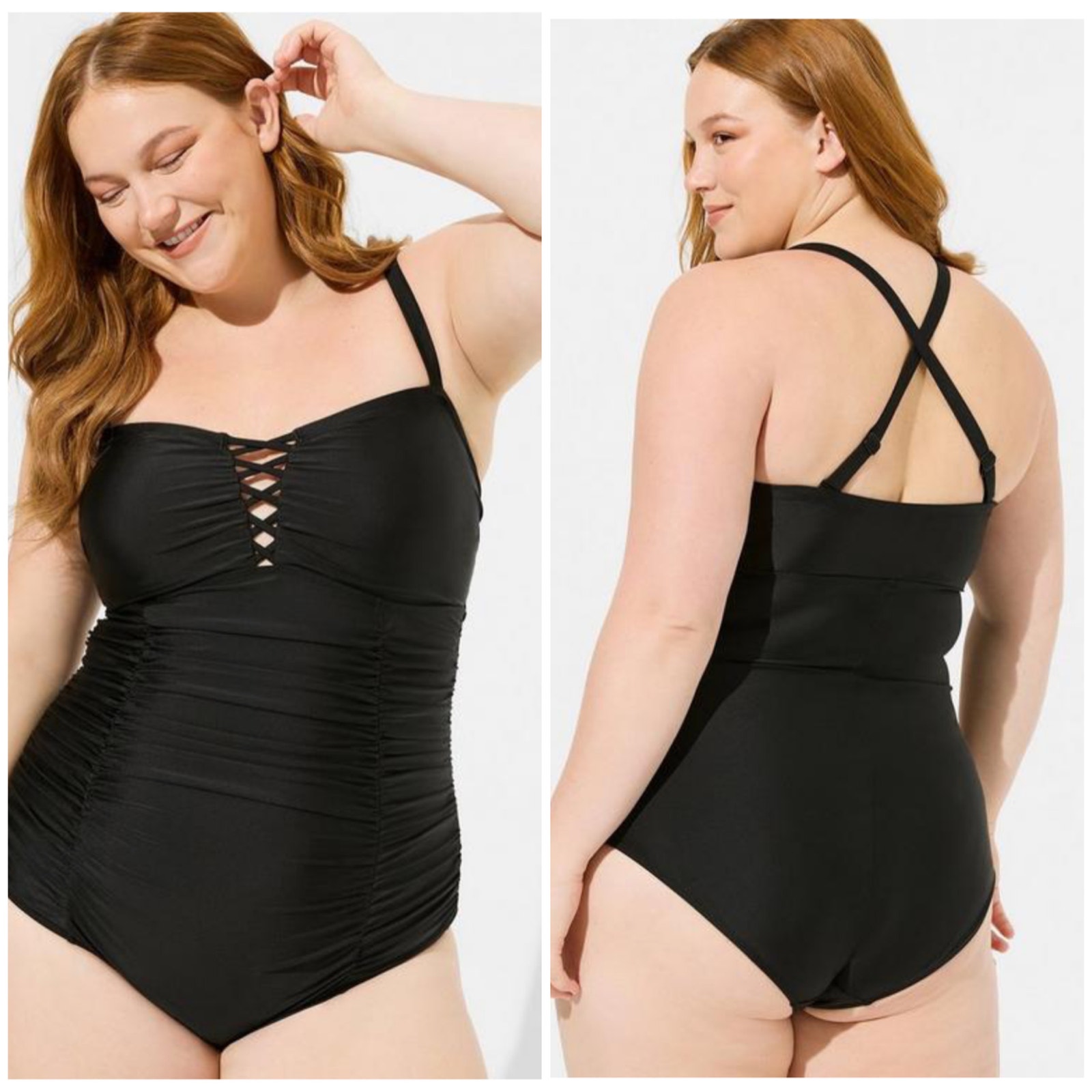 Torrid Black Slim Fix Wireless Lattice Front One Piece Swimsuit Size 4X