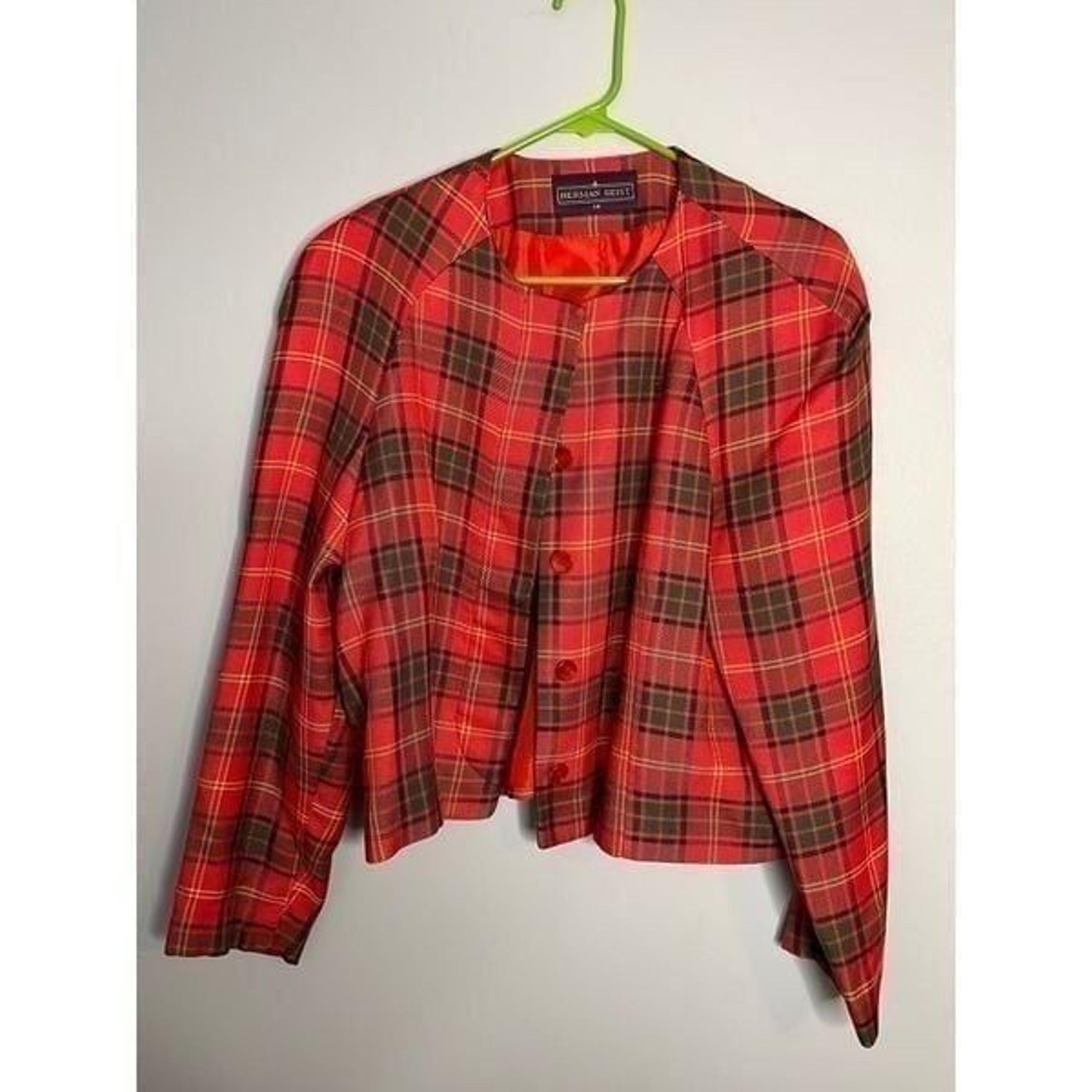 Vintage Herman Geist Red Tartan Plaid Ugly Christmas Sweater Blazer Sz 14