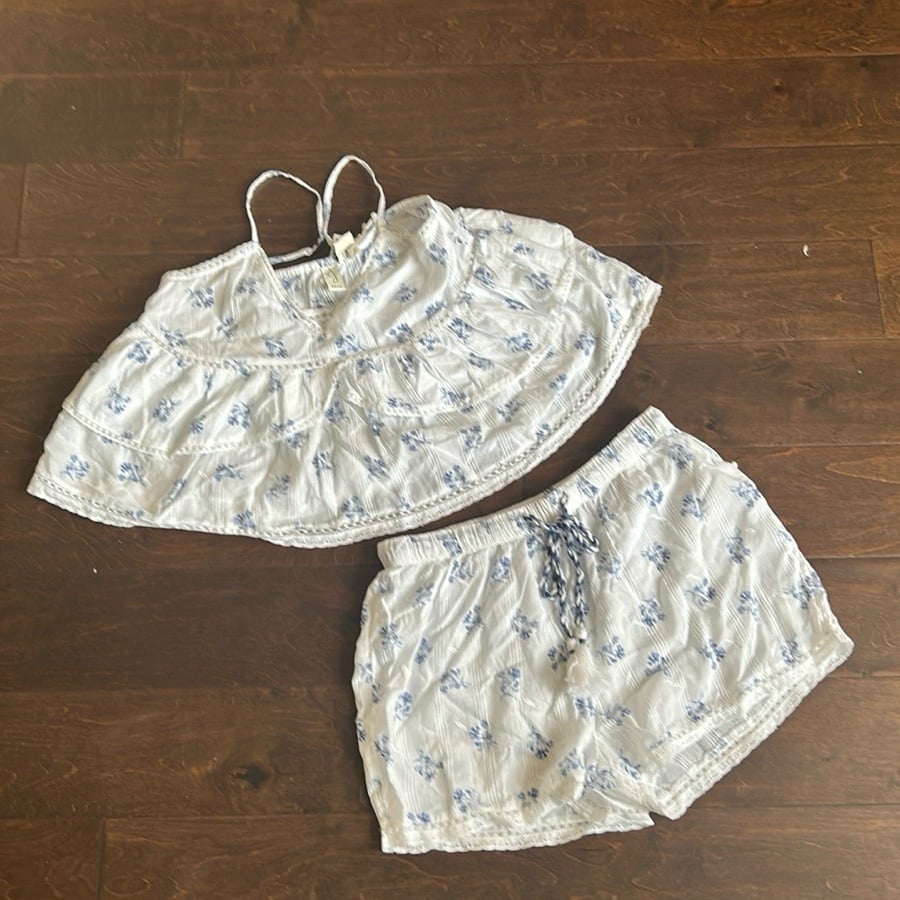 Joie Womens Blue White Embroidered Pajama Set Shorts Top New Lace Cotton Sz L