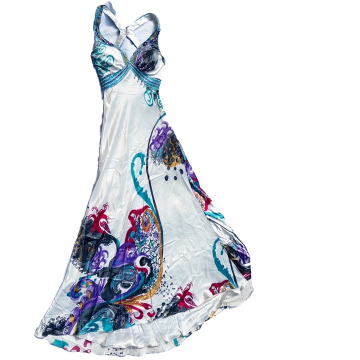 vintage silky prom dress white beaded multicolor neblon size XS open back
