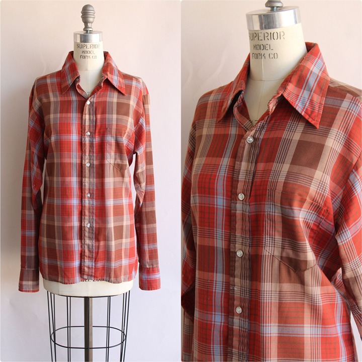 Vintage 1970s Shirt, Viking Dagger Collar Orange Plaid Tratan Button Down Blouse