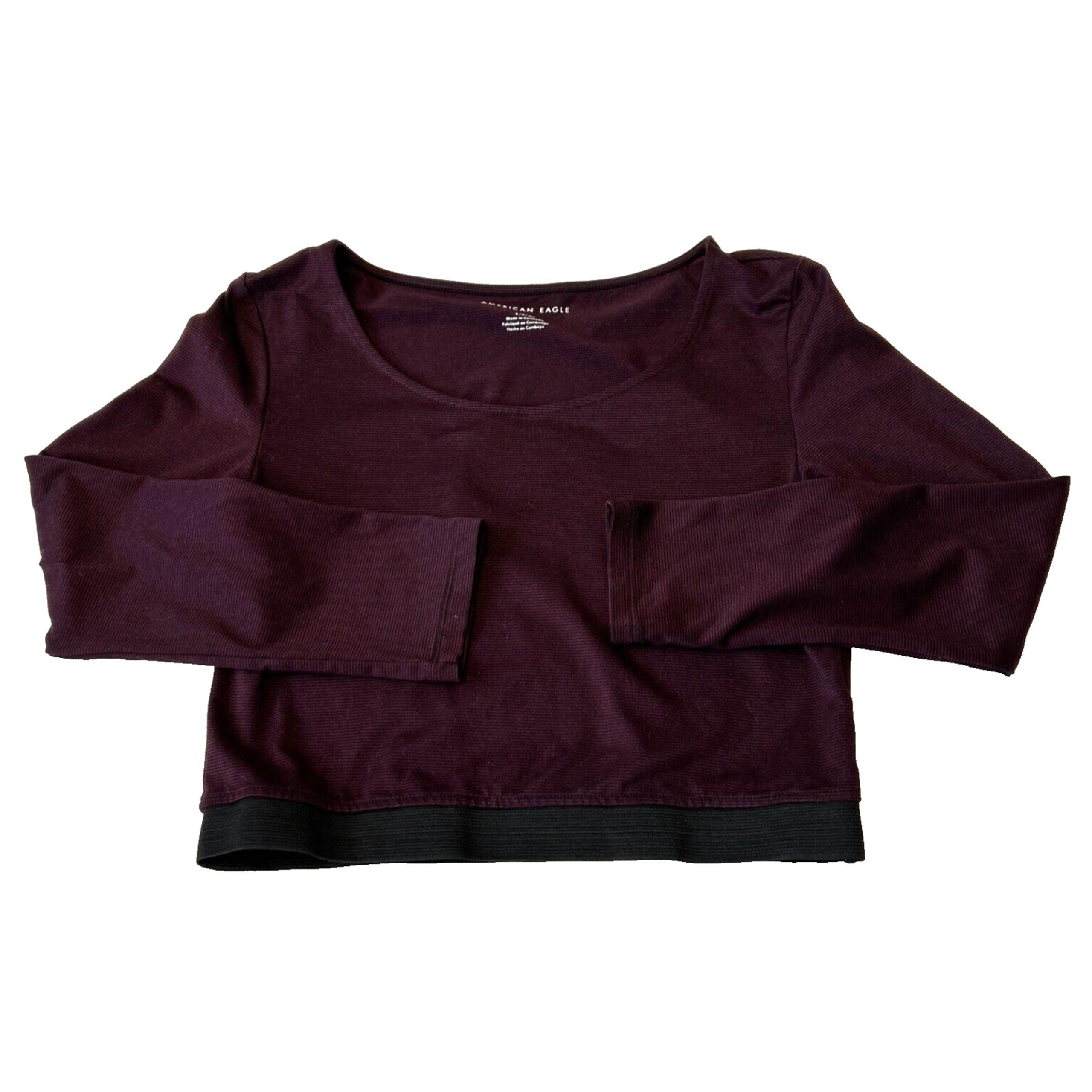 American Eagle Womens Crop Top Sz. S Maroon 3/4 Sleeve Elastic Waist Striped