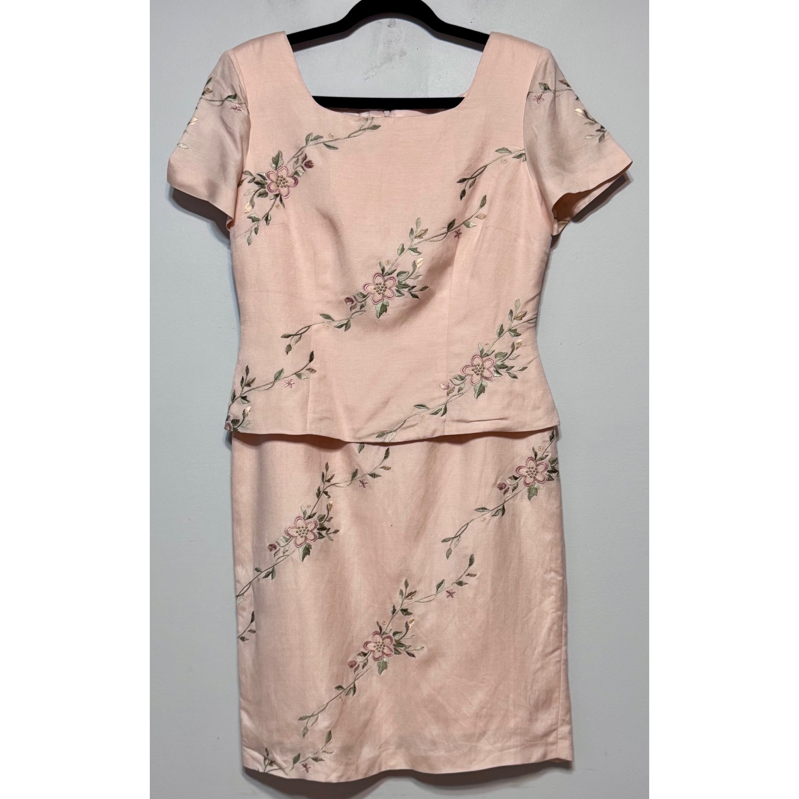 Vtg 90s Donna Morgan Linen Blend Embroidered Dress Size 8P Romantic Minimalism