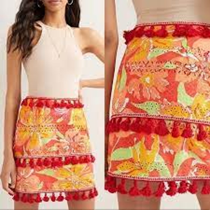 Anthropologie Verb Electra Eyelet Skirt Tropical Bold Floral Women Tassels Small