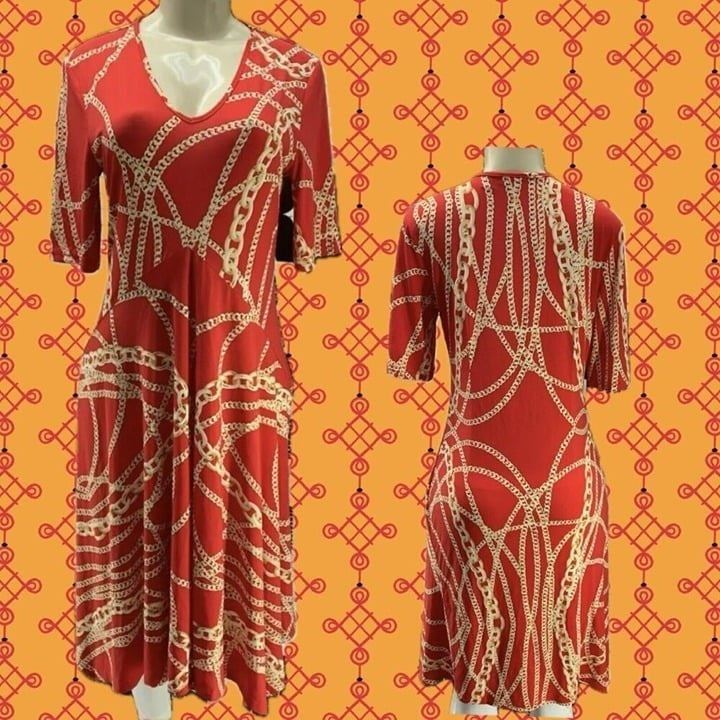 Nina Leonard S Red Gold Chain Print V-Neckline Short Sleeve Below Knee Dress