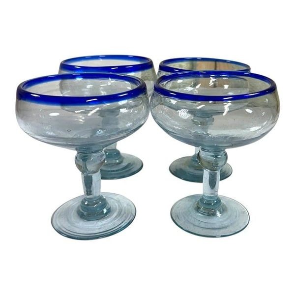 Set Of 4 Cobalt Blue Vintage Rimmed Margarita Glasses Recylced Glass Wide Base