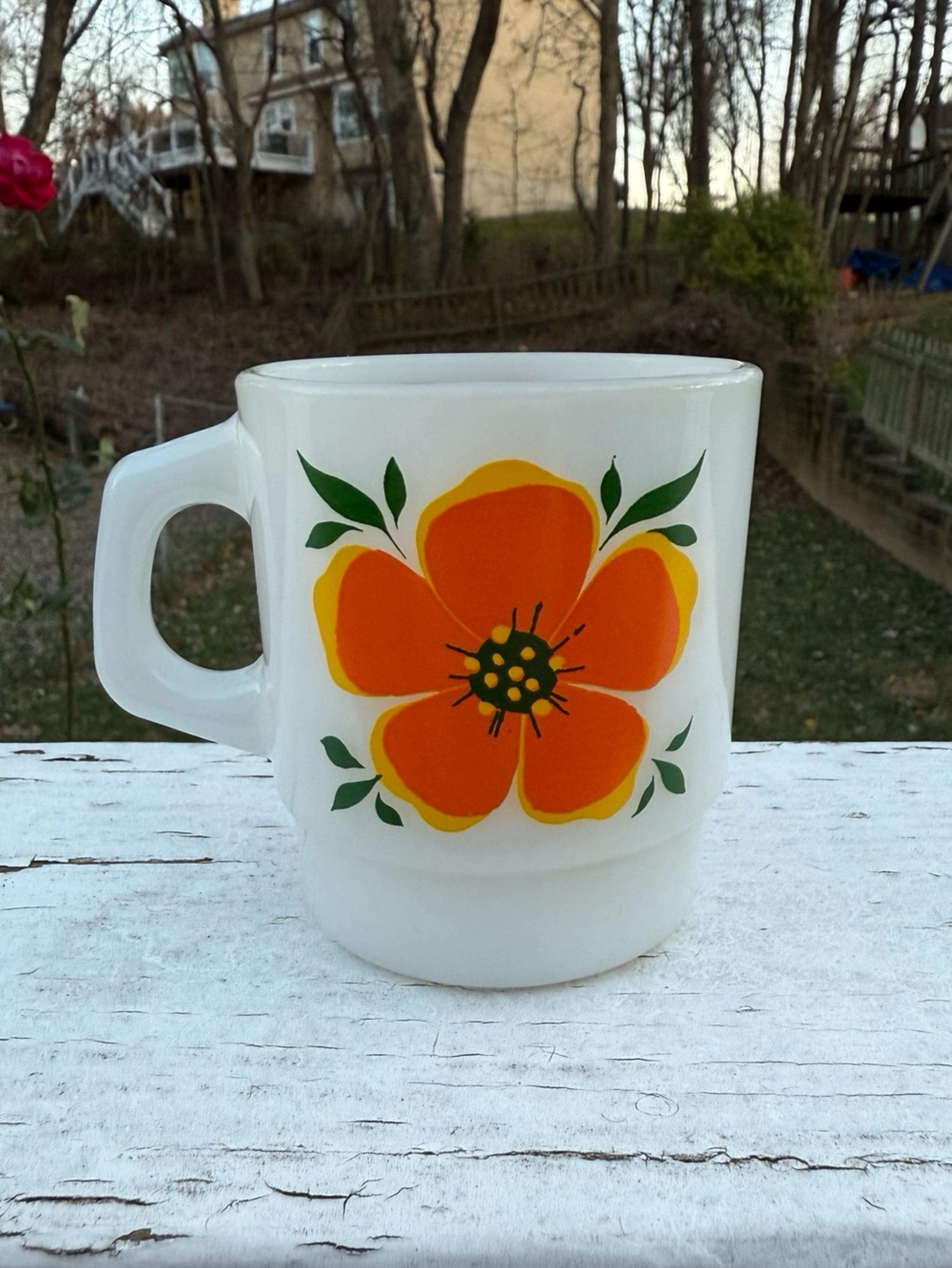 Fire King Floral Milk Glass Mug Stackable Made in USA - Anchor Hocking