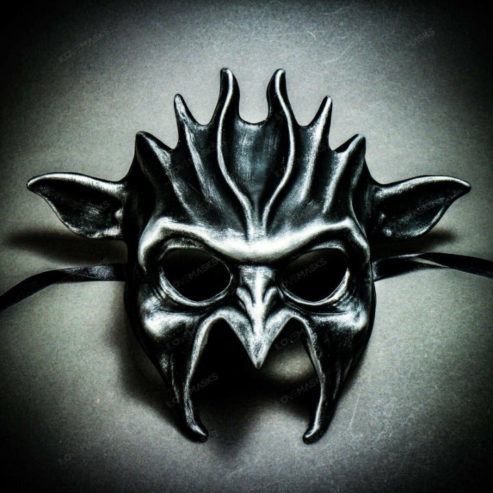 Fire Flame Demon Metallic Masquerade Mask - Black Silver #1502