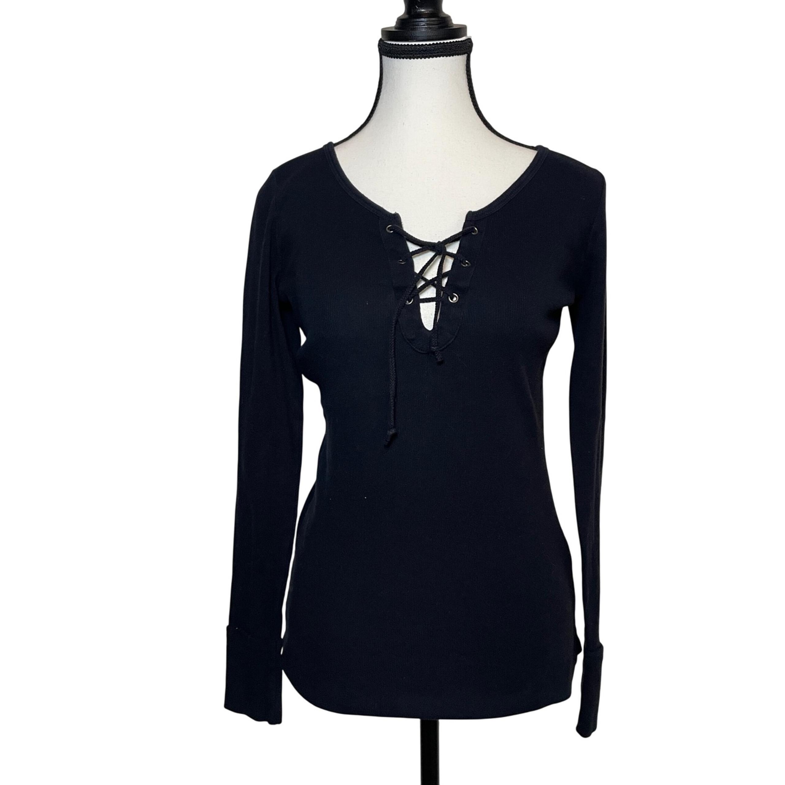 Lace-Up Henley Ribbed Knit Fitted Black Medium Long Sleeve - Abercrombie & Fitch