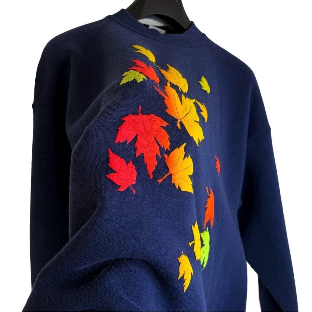 ONE OF A KIND Women's Navy Sweatshirt Neon Puffy Thick Printed Maple Leaves XL
