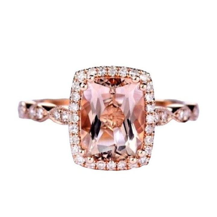 3.45Ct Natural Cushion Peach Morganite & Diamond Halo Solitaire Ring 14k Rose