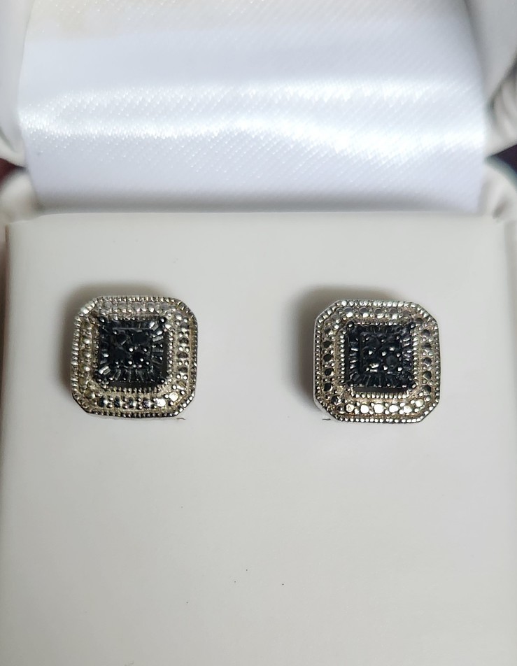 Womens Vintage Sterling Silver Black Diamond Earrings
