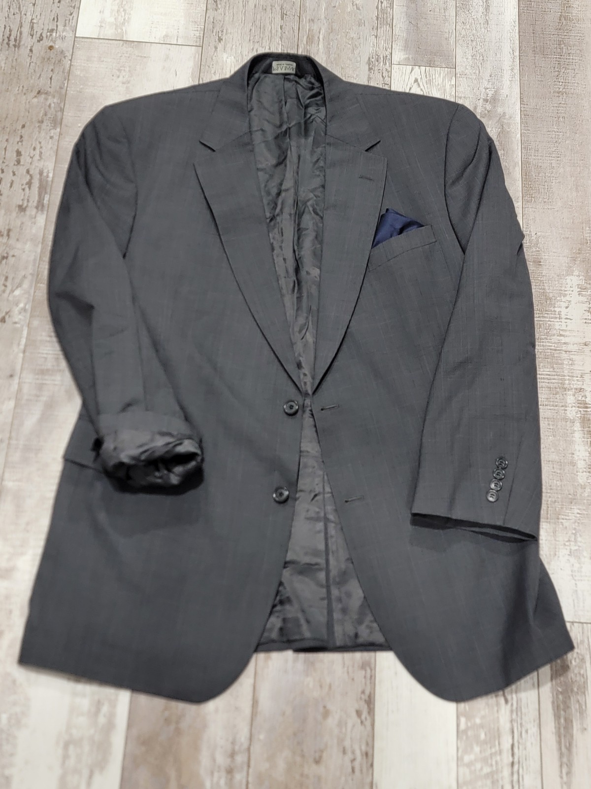 46L Men's Jos. A. Bank Blazer Gray/Blue Tartan Windowpane 100% Wool Sport Coat