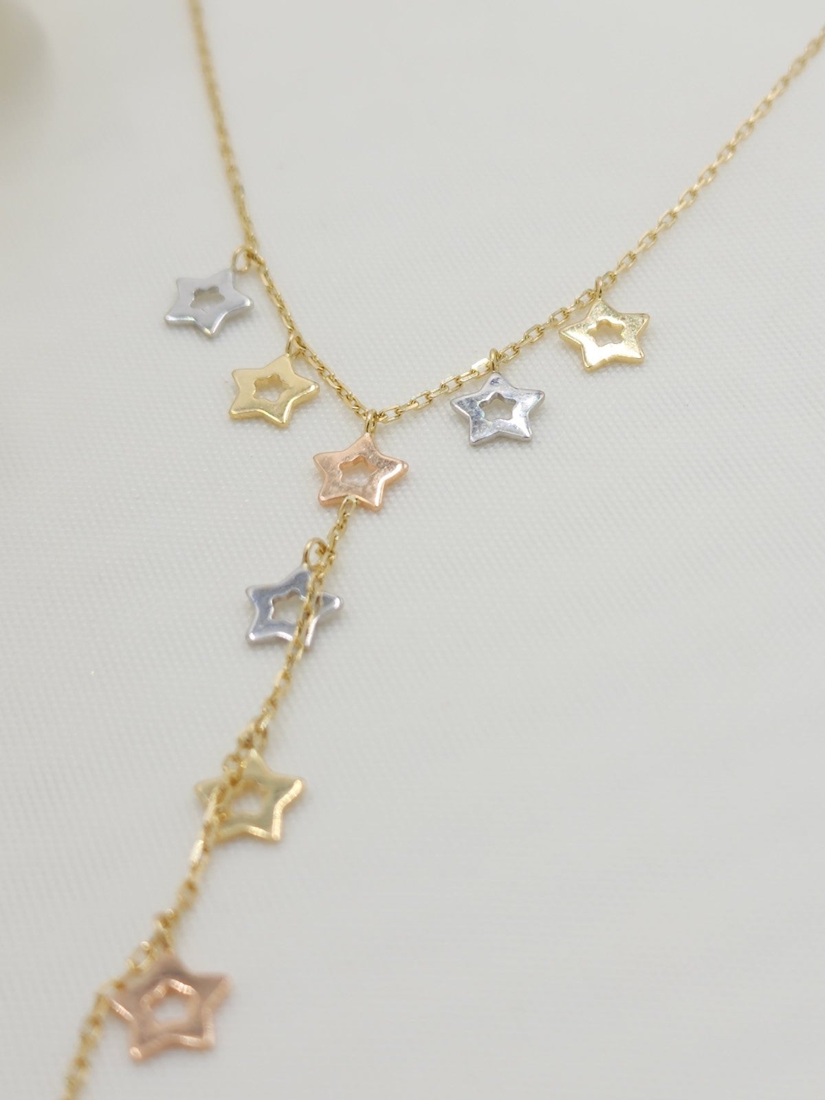 Solid 14k Hanging Stars 3 tones Necklace