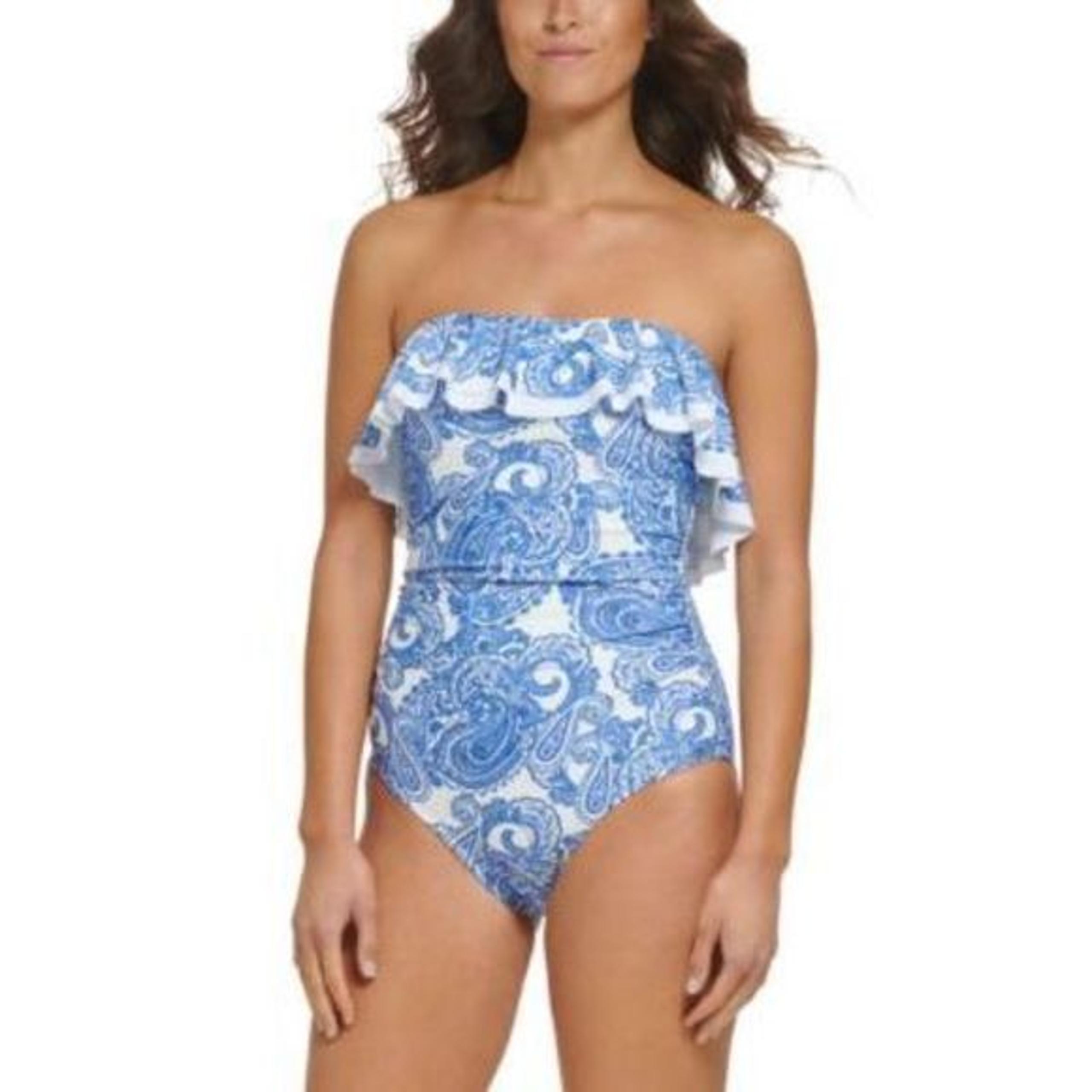 NWT Tommy Hilfiger Printed Ruffled Off-the-shoulder One-piece Provence Blue