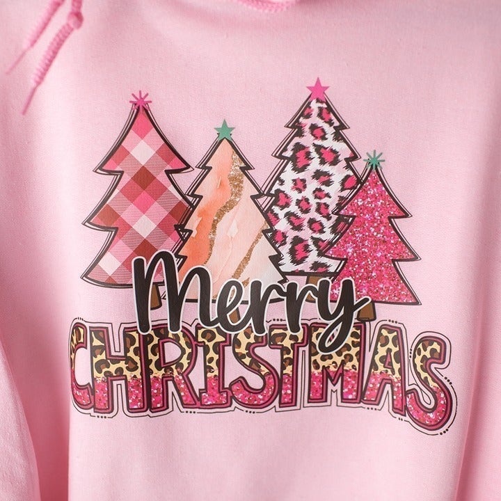 New Merry Christmas Pink Cheetah Trees Hoodie Size Large