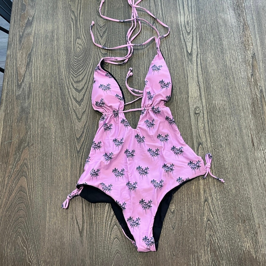NWOT Jacque Designs One-Piece Bathing Suit Palm Tree Print High Cut Pink Size XL