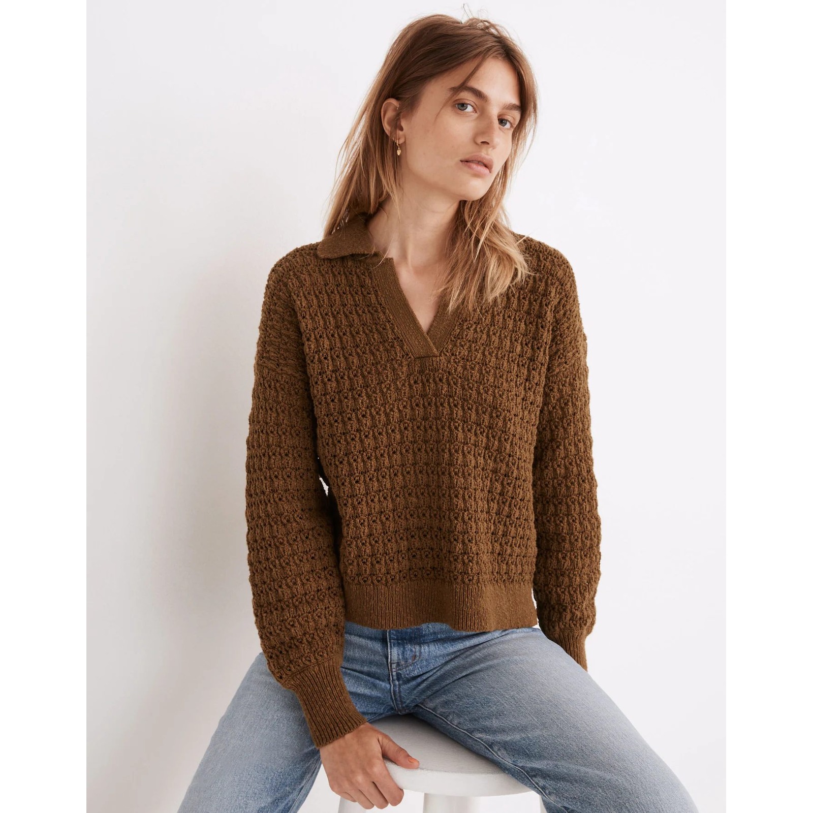 Madewell Sunberry Open Stitch Pullover Sweater Collared Knit Open Weave XS