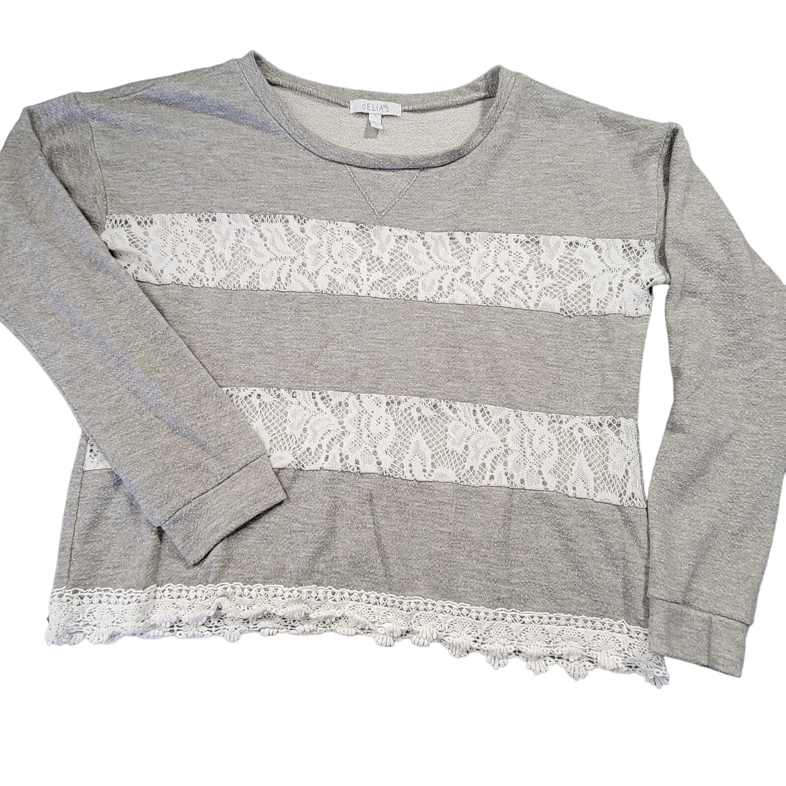 dELiA's Women's Shirt Size L Gray Heather Preppy Lace Classic Long Sleeve Casual