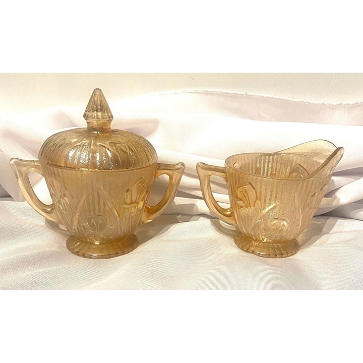 vintage collectable floral cream and sugar bowl with lid amber colored