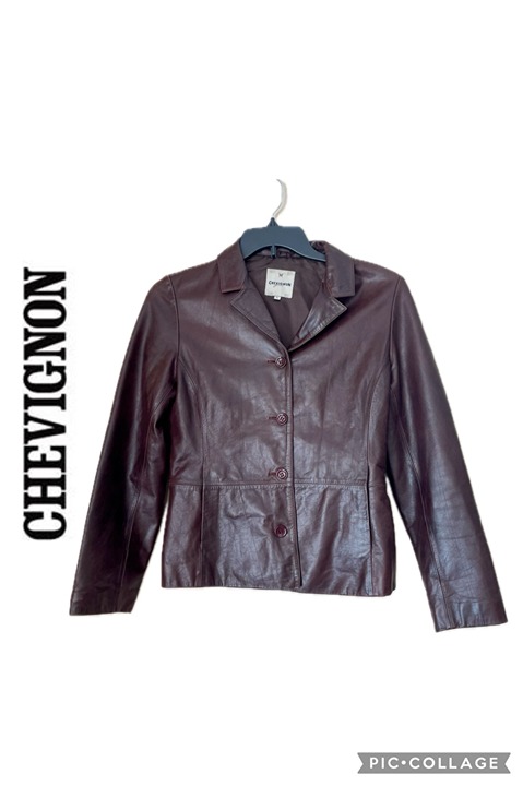 90’s CHEVIGNON COW GRAIN LEATHER BLAZER COAT TUCKER JACKET BURGUNDY SZ L GRUNGE