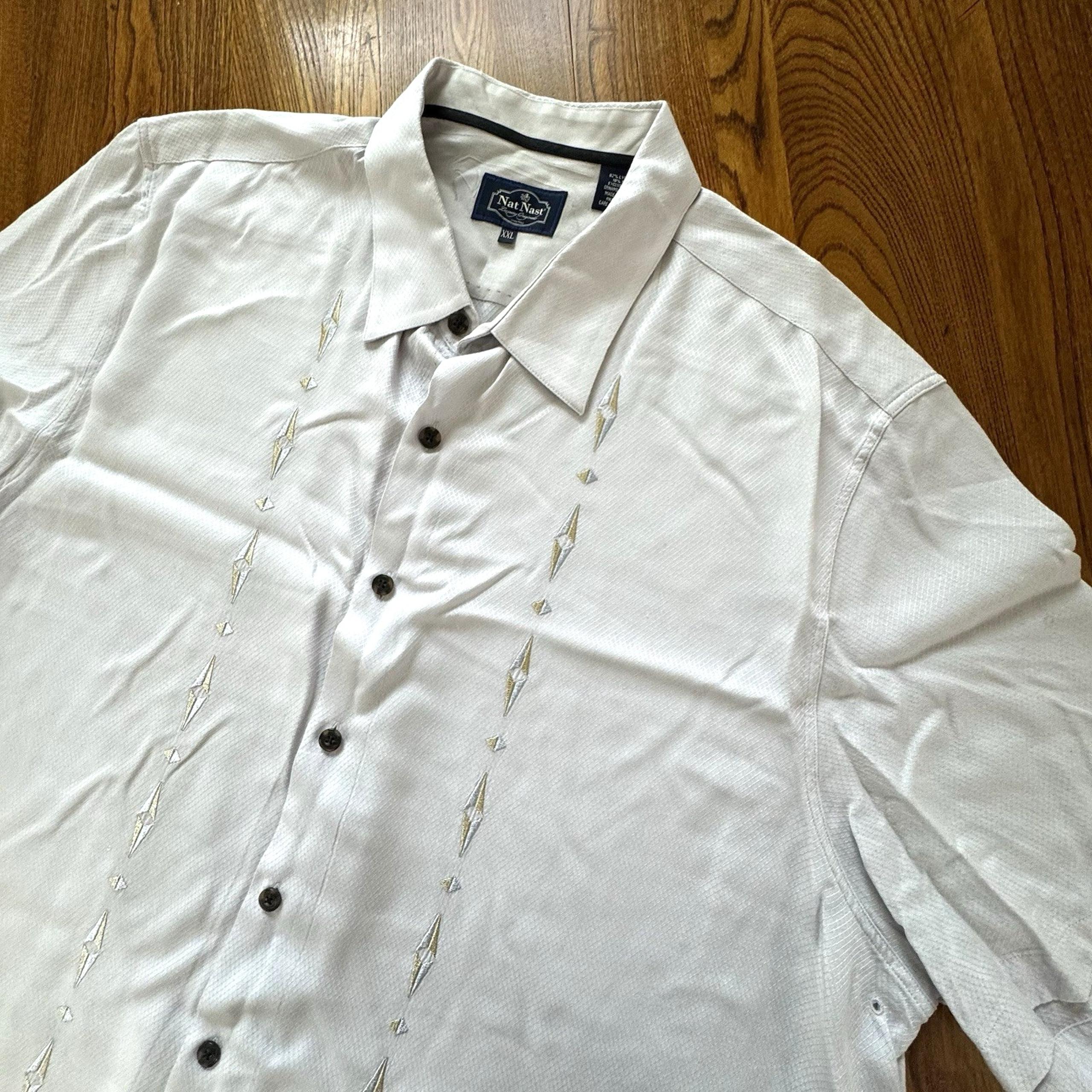 Nat Nast Moonbeam Silver Gold Short Sleeve Silk Blend Bowling Shirt Men's XXL