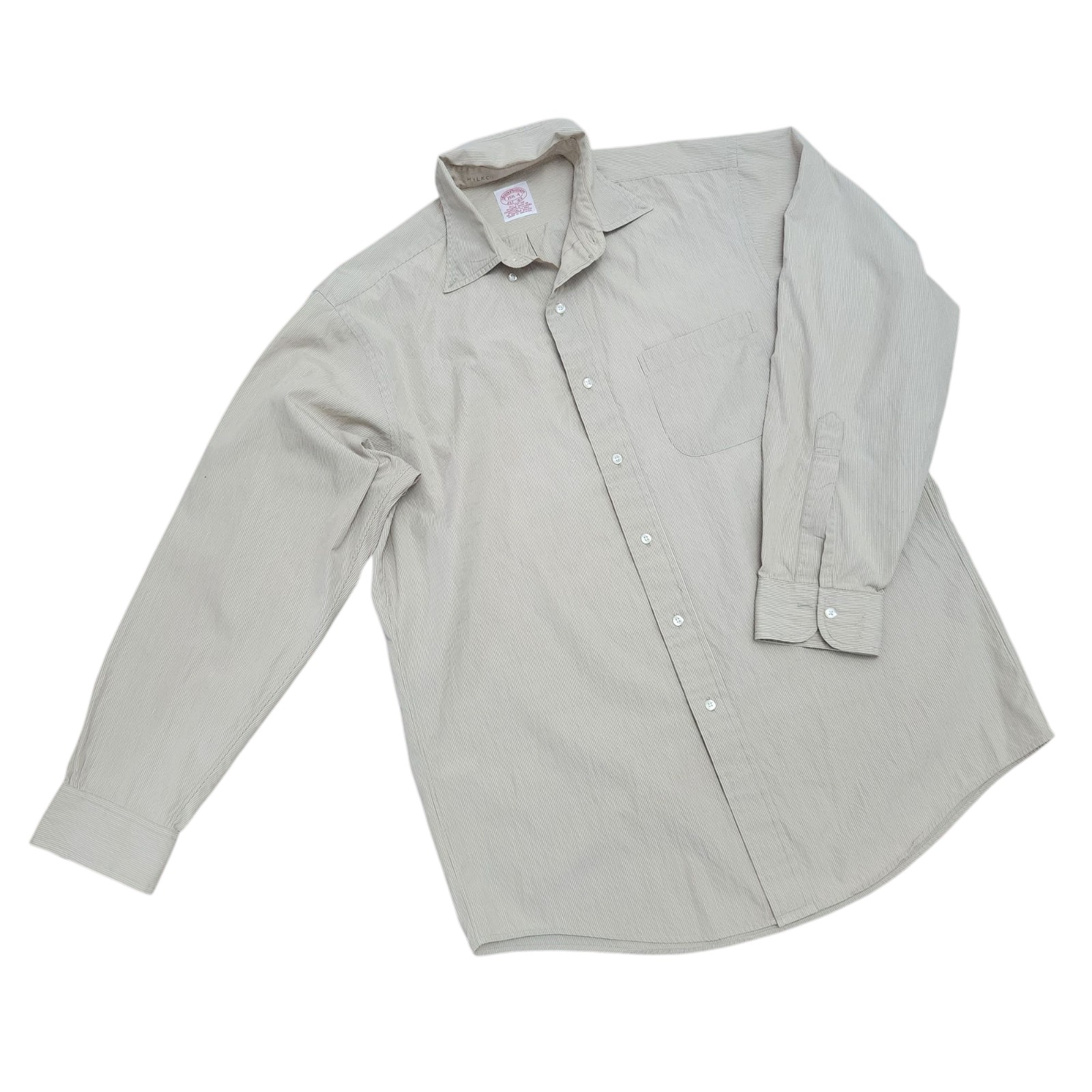 Vtg Brooks Brothers Mens 15.5 - 4 Beige Stripe Collared Button Up Dress Cotton