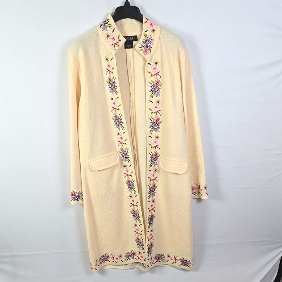 Peck And Peck Cream Embroidered Long 100% Wool Cardigan Jacket Coat Sz L