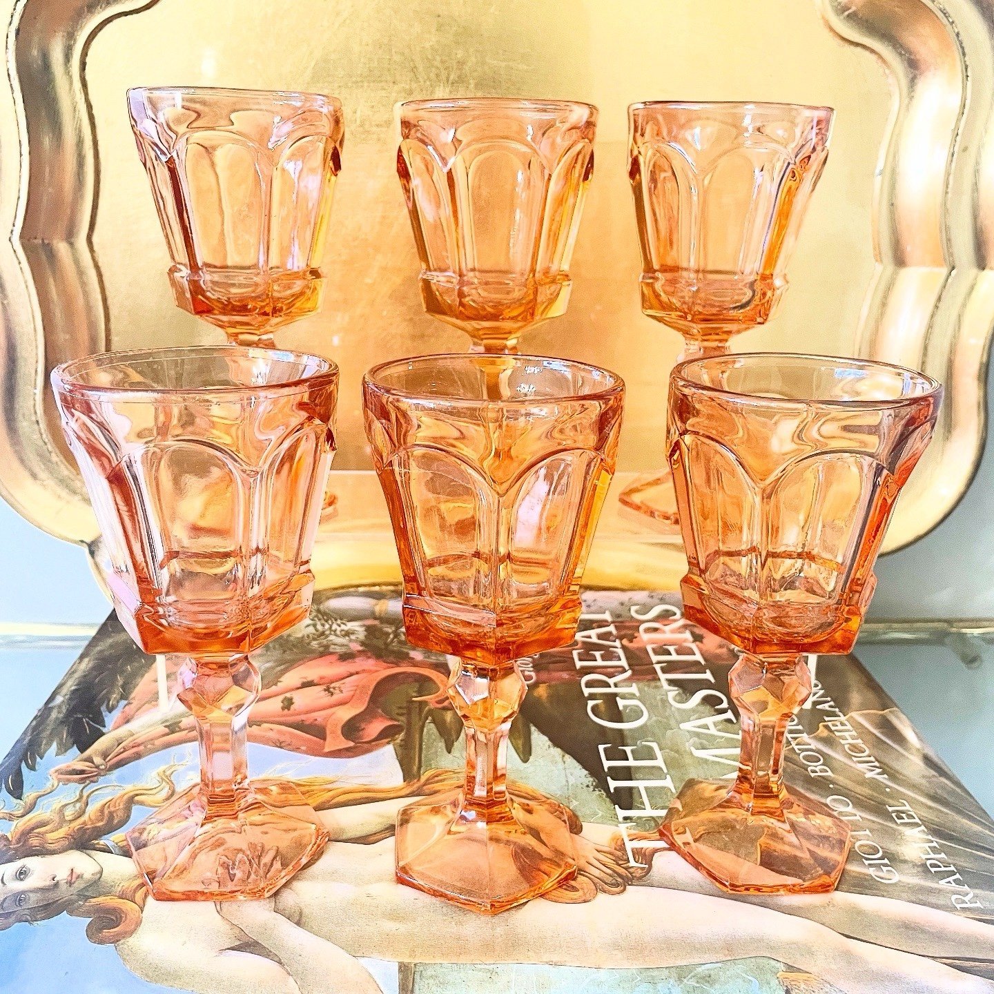 Vintage 1970s 6” H Peach Fostoria Glass Goblets - Set of 6