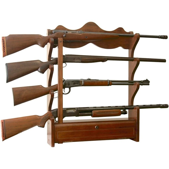 4 Gun Solid Wood Wall Mount Rack Rifle/Shotgun Storage Organizer Drawer (433)