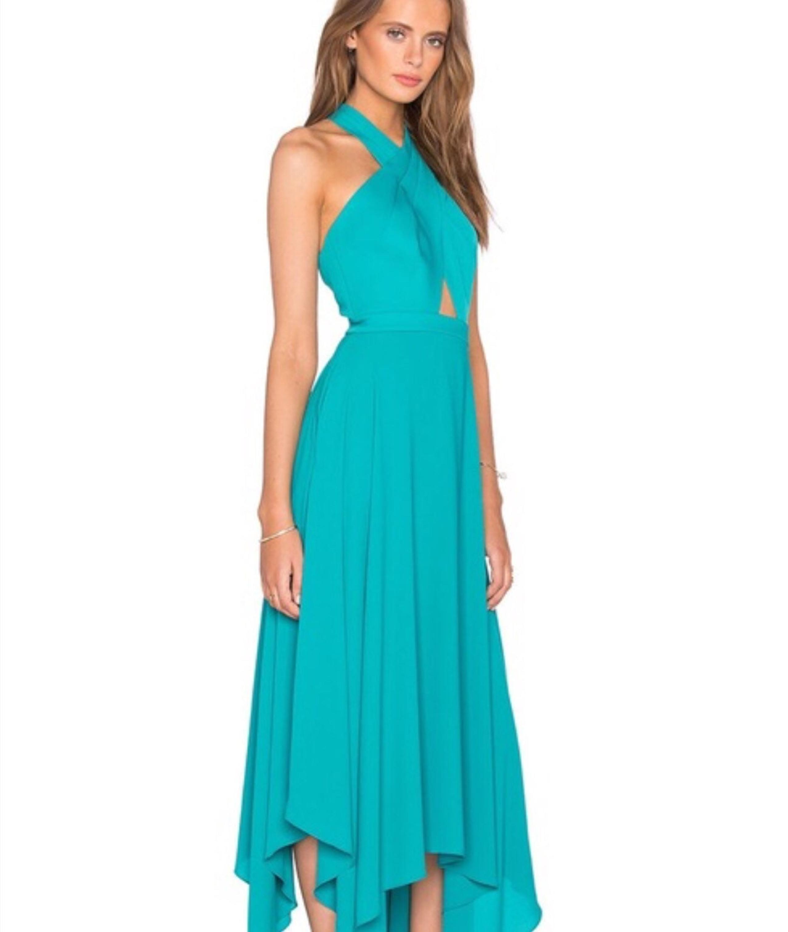 BCBGMAXAZRIA Teal Asymmetrical Cutout Dress